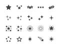 Stars flat glyph icons set. Starry night, falling star, firework, twinkle, glow, glitter burst vector illustrations Royalty Free Stock Photo