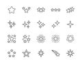 Stars flat line icons set. Starry night, falling star, firework, twinkle, glow, glitter burst vector illustrations