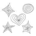 Stars, heart, circle swirling spiral set icon, sticker, scrapbook. sketch hand drawn doodle. scandinavian monochrome minimalism.