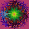 STARS KALEIDOSCOPE MANDALA  IN BLUE, ORANGE, GREEN AND YELLOW ON A DARK PINK BACKGROUND Royalty Free Stock Photo