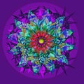 STARS MANDALA FLOWER. PLAIN PURPLE BACKGROUND. COLORFUL IMAGE IN VIOLTET, BLUE, TURQUOISE, RED, PINK, YELLOW