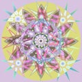 STARS MANDALA. PASTEL COLORS PALLET. PLAIN LILAC BACKGROUND. CENTRAL YELLOW CIRCLE. CENTRAL FLOWER IN PURPLE, PINK, LILAC, BROWN, Royalty Free Stock Photo