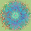 STARS MANDALA. PLAIN AQUAMARINE BACKGROUND. CENTRAL LINEAR FLOWER IN TURQUOISE. STARS IN DIFFERENT SHAPES IN PASTEL COLORS PALLET