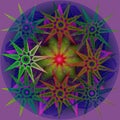 STARS MANDALA, PLAIN PURPLE BACKGROUND. CENTRAL BLUE CIRCLE. STARS IN GREEN, WHITE, PURPE, ORANGE, BLUE