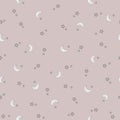 Stars and Moon Pattern. Baby's Seamless Pattern with Smiling Slipping Moon and Stars on Pastel Pink Background.