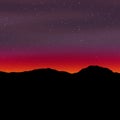 Stars in night sky at dusk. Horizon line, mountains, sun light just behind the horizon. Dramatic red orange and darker blue