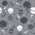 Stars, planets, constellations, rockets, seamless pattern. Decorative background, outer space. Cosmos. Night cosmic sky