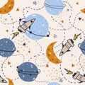 Colorful seamless pattern with rockets, stars, planets, constellations. Decorative background, outer space. Cosmos