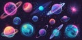 Stars and planets rendered in 3D with falling stars, planets, blings, sparks, moons, and hearts. Royalty Free Stock Photo