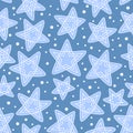 Stars seamless pattern on blue. Starry night sky with snow. Christmas holiday background. Design for greeting card. Royalty Free Stock Photo