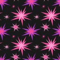 Stars seamless pattern. Pink and purple abstract star on black background. Trendy geometric bright ornament. Decor textile, Royalty Free Stock Photo