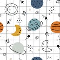 Stars and space seamless pattern on square grid background hand-drawn design in cartoon style Royalty Free Stock Photo