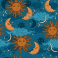 Stars sun and moon seamless pattern. Vector graphics