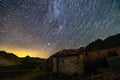 Stars trails and isolated house in switzerland alps