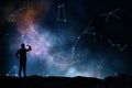 Stars will prompt and horoscope concept with black man silhouette on the earth looking into the distance on starry dark sky with