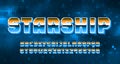 Starship alphabet font. Pixel letters, numbers and symbols. Space pixel background.