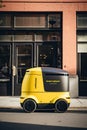 Starship food delivery robot is driving on the sidewalk, Robots are delivering food from post.