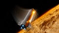 Starship spacecraft landing on Mars. Vehicle`s heat shield. Interplanetary journeys to new worlds