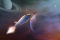 Starship taking off on a mission on background of alien planets in the outer space. Elements of this image furnished by NASA