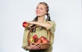 Start apple diet. Woman carry basket with natural fruits. Farmer gardener apples harvest. Girl gardener rustic style