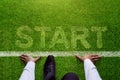 Start background, Top view of Businessman on Start line in soccer grass field, Business Challenge or do something new