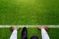 Start background, Top view of Businessman on Start line in soccer grass field, Business Challenge or do something new