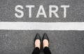 Start background, top view. Selfie of feet and legs in black high heels shoes on pathway. Businesswoman on starting line new