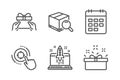 Start business, Give present and Calendar icons set. Search package, Seo target and Present box signs. Vector
