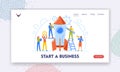 Start a Business Landing Page Template. Creative Team Launch Rocket, Businesspeople with Huge Wrench, Gears Illustration