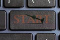 The `Start` button on the computer keyboard is a symbol of war, a cruise missile on the button. Concept: rocket fire, the beginnin