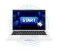Start button on screen device. Level UP. Futuristic screen blue background. Arrows can be turn into motion graphics Royalty Free Stock Photo