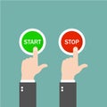 Start button and stop button. Push the buttons. Green and red buttons. Green background. Vector illustration Royalty Free Stock Photo