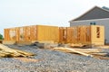start of construction of a plywood house new wall frame windows residential Royalty Free Stock Photo