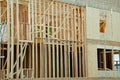 start of construction of plywood house real new wall wood material Royalty Free Stock Photo