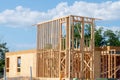 start of construction of plywood house real new wall wood Royalty Free Stock Photo