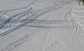 Start of the cross country skiing route. The tracks are prepared by a snowmobile with special attachments for pushing the track in Royalty Free Stock Photo