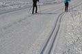 Start of the cross country skiing route. The tracks are prepared by a snowmobile with special attachments for pushing the track in