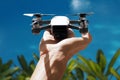 Start the drone, launching from hand. Royalty Free Stock Photo