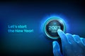2023 start. Finger about to press a button with the text 2023 start. Happy new year. New Year two thousand and twenty three is Royalty Free Stock Photo