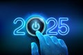 2025 start. Finger about to press a power button. Happy new year 2025. New Year two thousand and twenty five is coming concept.