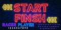 Start - Finish neon sign with neon alphabet. Video game tournaments. Glowing signs. Vector isolated illustrations