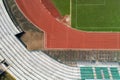 Start and Finish point of race track or athletics track start line with lane numbers in stadium Top view Drone shot high angle Royalty Free Stock Photo