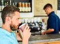 Start great day. Man speak mobile phone and drink coffee cafe bar background. Traditional beginning of his day. Man Royalty Free Stock Photo