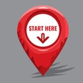 Start here slogan on map pin and arrow showing here. Hand drawn cartoon style vector illustration.