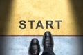 Start Line. Start background, Top view of Businessman with shoes is standing next to line and word Start, Business Challenge or do Royalty Free Stock Photo