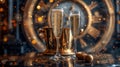 The start of a new year with a golden bucket full of champagne, two glasses and a golden serpentine. Royalty Free Stock Photo