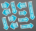 Start now, get started now, pay here, buy here, new offer, book here, get now - stickers set Royalty Free Stock Photo