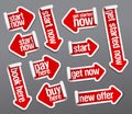 Start now, pay here, get started now, buy here, new offer, book here, get now - stickers set