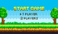 Start for players pixel game background, natural landscape with blue sky, trees and green grass