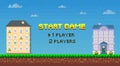 Start for players pixel game with houses and green grass along urban road pixelated art scene